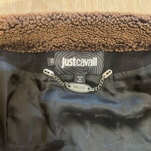 Just Cavalli Wool Coat with Metal Hardware and Leather Accents Black/Brown Sz 52